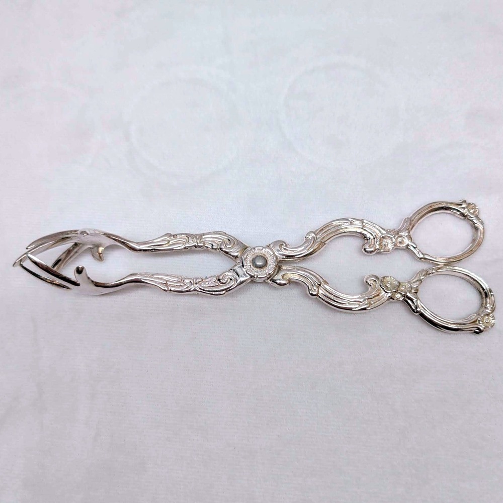 Vintage Italian Silver Plated Scissor Serving Tongs Floral Ornate MCM 8 inch